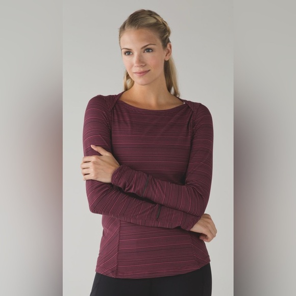 Lululemon Stripe Wine Berry Black Kanto Catch Me LS Thumbhole Slim Rulu Top SZ 6 - Picture 6 of 13